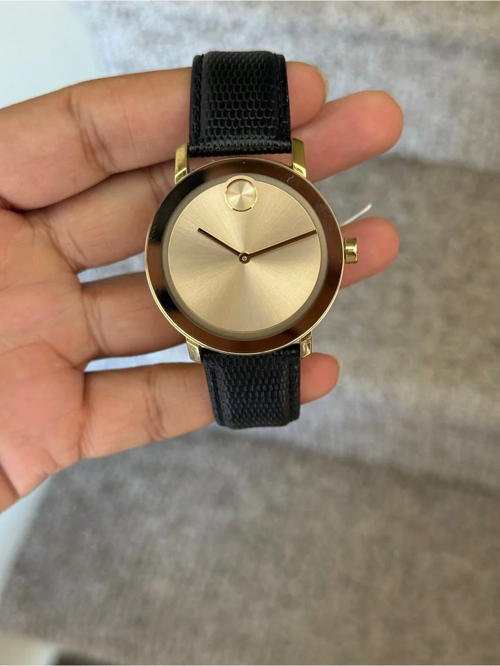 Movado bold Elegant Gold Dial Men's Watch with Black Leather Strap
